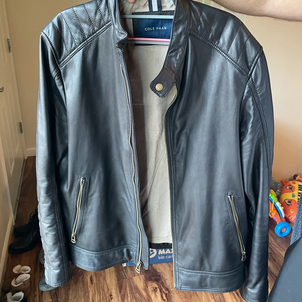 Cole Haan Mens washed leather moto jacket